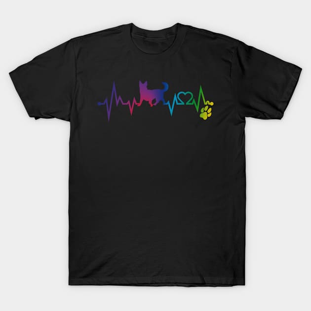 Swedish vallhund  Colorful Heartbeat, Heart & Dog Paw T-Shirt by kimoufaster